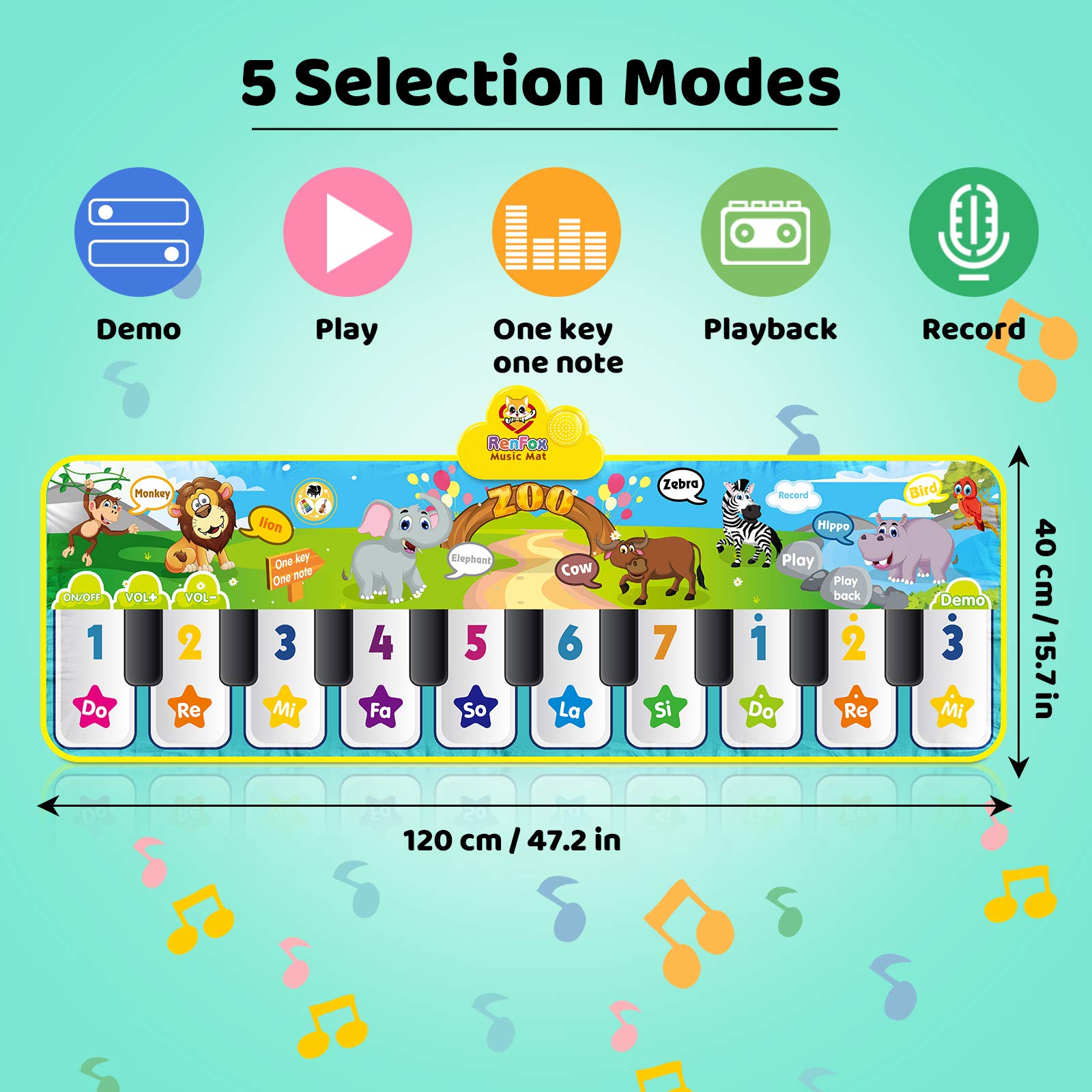 RenFox ベビー ミュージカルマット 42種類の音楽音 子供床ピアノ キーボード ダンスマット 動物ブランケット タッチプレイマット 早期教育玩具 ギフト 1 2 3歳以上 幼児 男の子 女の子