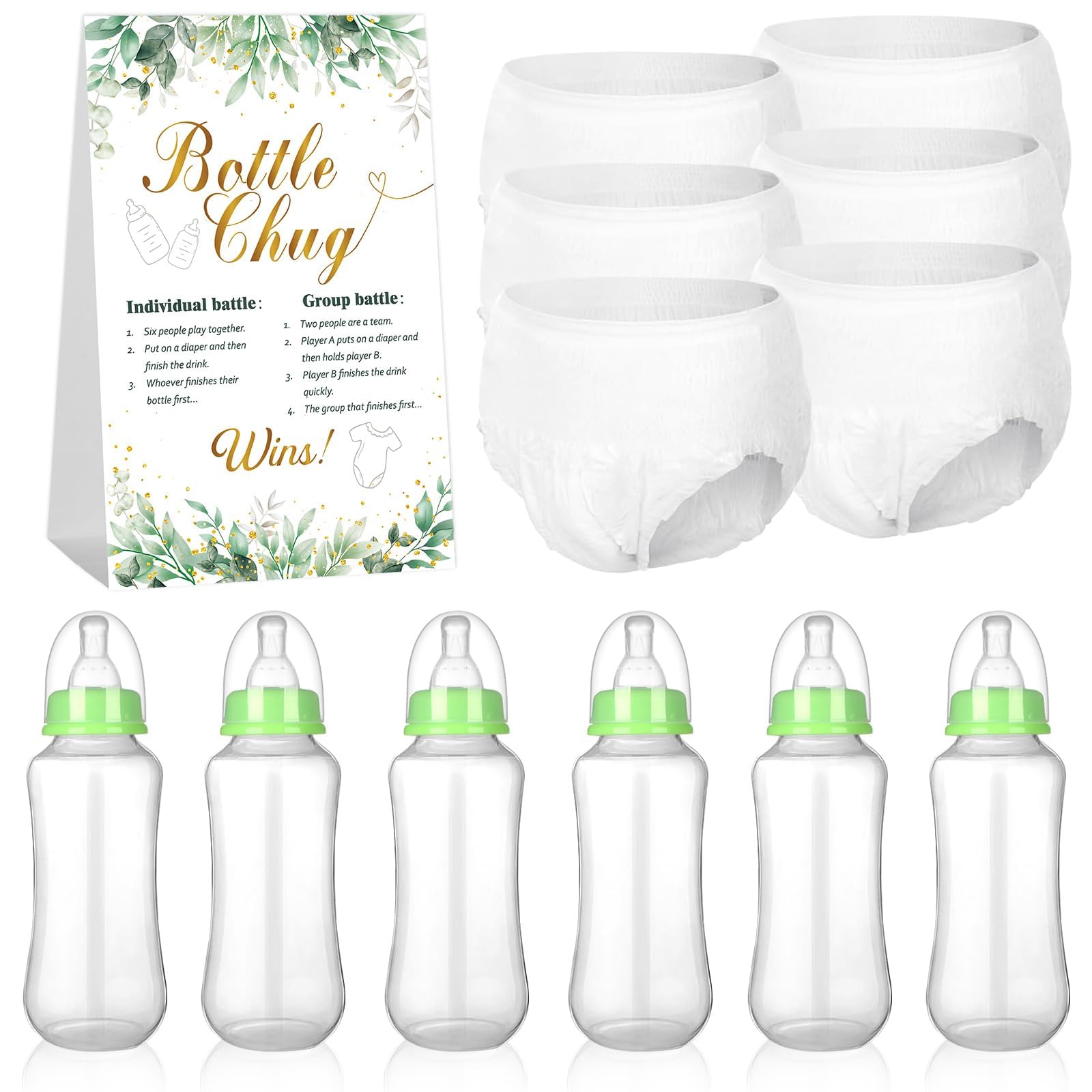 Photo 1 of 6 Sets Bottle Chug Baby Shower Game Baby Shower Favor Green Funny Plastic Bottles Disposable Diapers Greenery Eucalyptus Themed Sign for Gender Reveal Games Changing Diaper Race Game Decoration