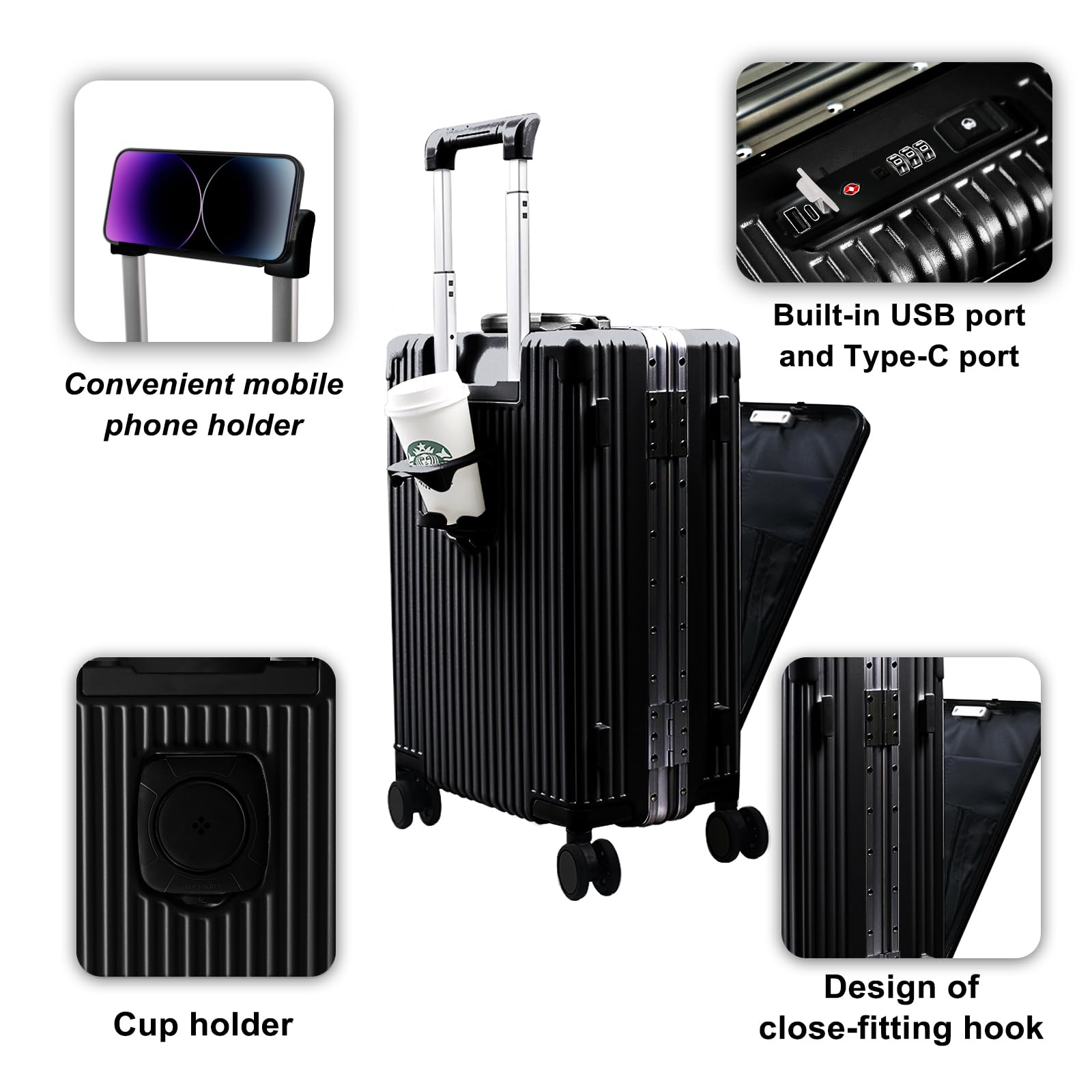 Carry On Luggage with Cup Holder and Usb Port, Aluminum Frame, Front Compartment, TSA Lock, 22x14x9 Airline Approved Hardside Suitcase with Spinner Wheels(Black, 20-lnch)
