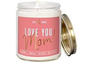 SOY AND SASS Gifts for Mom, Mom Birthday Gifts, Mothers Day Gifts for Mom - 'Love Mom' Soy Candle, w/Coconut & Vanilla I Birthday Gifts for Mom Gifts from Daugher or Son I 50Hr Burn, USA Made