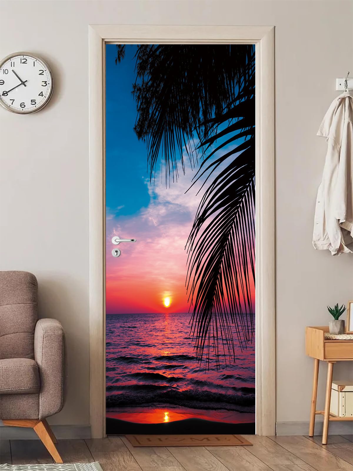 FLFK 3D Tropical Sunset Door Stickers Peel and Stick 77x200cm,Self-Adhesive Door Wallpaper Poster Wall Murals for Bedroom Decor(2Pcs/Set)