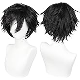 ANOGOL Hair Cap+ Short Black Wig for Men Short Black Men's Wigs for Cosplay Black Anime Cosplay Wig Layered Black Party Wigs with Bangs for Halloween Costume Christmas Peluca Negra Synthetic Hair