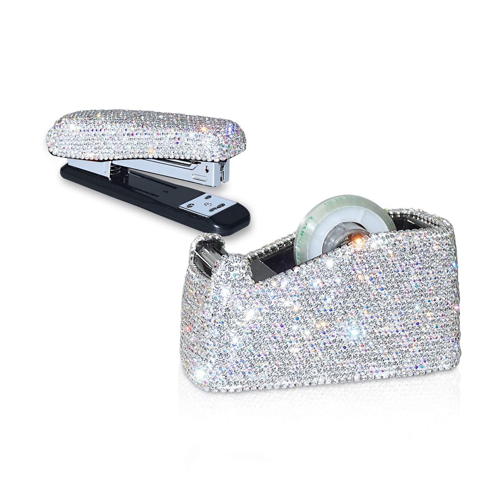 Bling Bling Crystal Luxury Handmade Diamond Stapler & Desktop Tape Dispenser Office Stationery Kit for Fashion Girls Women (White)