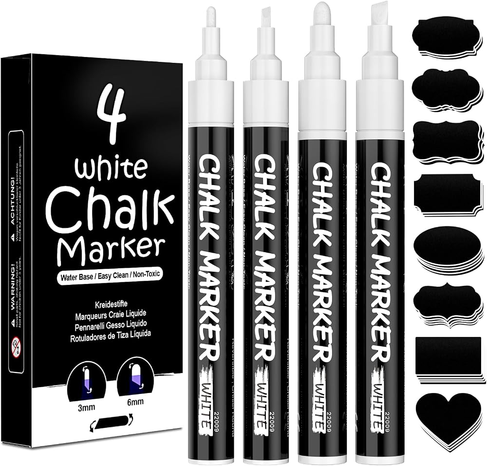 AOSUCO White Chalk Pens 4 Pack Washable Reversible Tips 3mm 6mm Labels