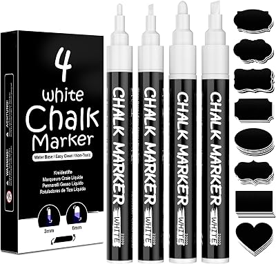 AOSUCO White Chalk Pens 4 Pack Washable Reversible Tips 3mm 6mm Labels