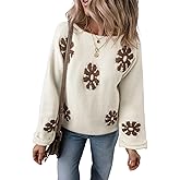 MARZXIN Women 2024 White Colorblock Floral Pattern Crewneck Sweater Casual Pullover Tops