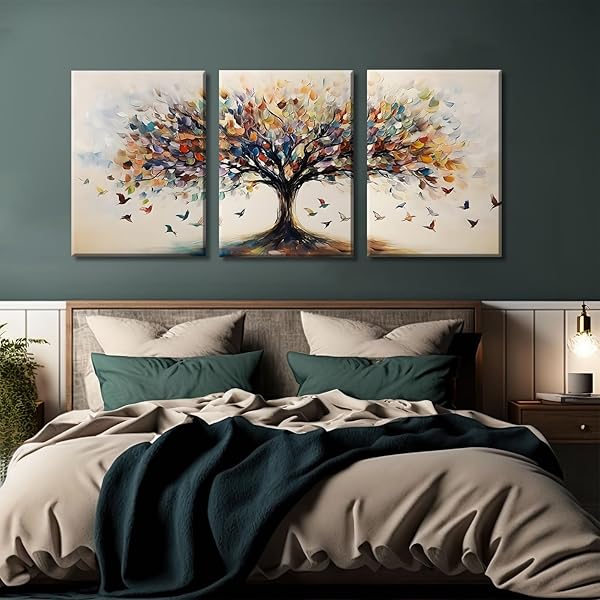 QENUNDME 3PCS TREE OF LIFE CANVAS WALL ART FOR LIVING ROOM WALL DECOR ARTWORK LARGE ABSTRACT COLORFUL BLOOMING TREE PRINTS PICTURES PAINTINGS MODERN TREE POSTER BEDROOM OFFICE HOME DECOR 16X24IN