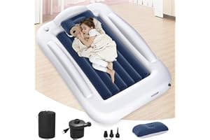 Abdtech Inflatable Toddler Travel Bed - Portable Toddler Kids Travel Bed with Safety Sides Complete Kids Air Mattress Set with High-Speed Pump, Ideal for Vacation Camping and Sleepover (60 Inches)