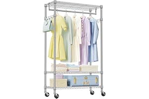 IZEUK Heavy Duty Rolling Garment Rack with 3 Adjustable Wire Shelves, Hanging Rod & Side Hooks - Mobile Clothes Rack with Wheels, 29.5" W x 15.7" D x 75" H,Chrome