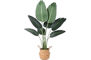 Ferrgoal Artificial Plants 4FT Artificial Bird of Paradise Plant in Pot, Tall Fake Tree with Woven Basket, Realistic Faux Palm Tree 8 Trunks Silk Plants for Modern Home Décor Indoor Outdoor Office