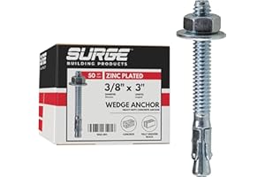 SURGE BUILDING PRODUCTS Surge BP - 3/8" X 3" Zinc-Plated Wedge Anchors for Concrete and Cement | Heavy-Duty Expansion Anchor (Box of 50)