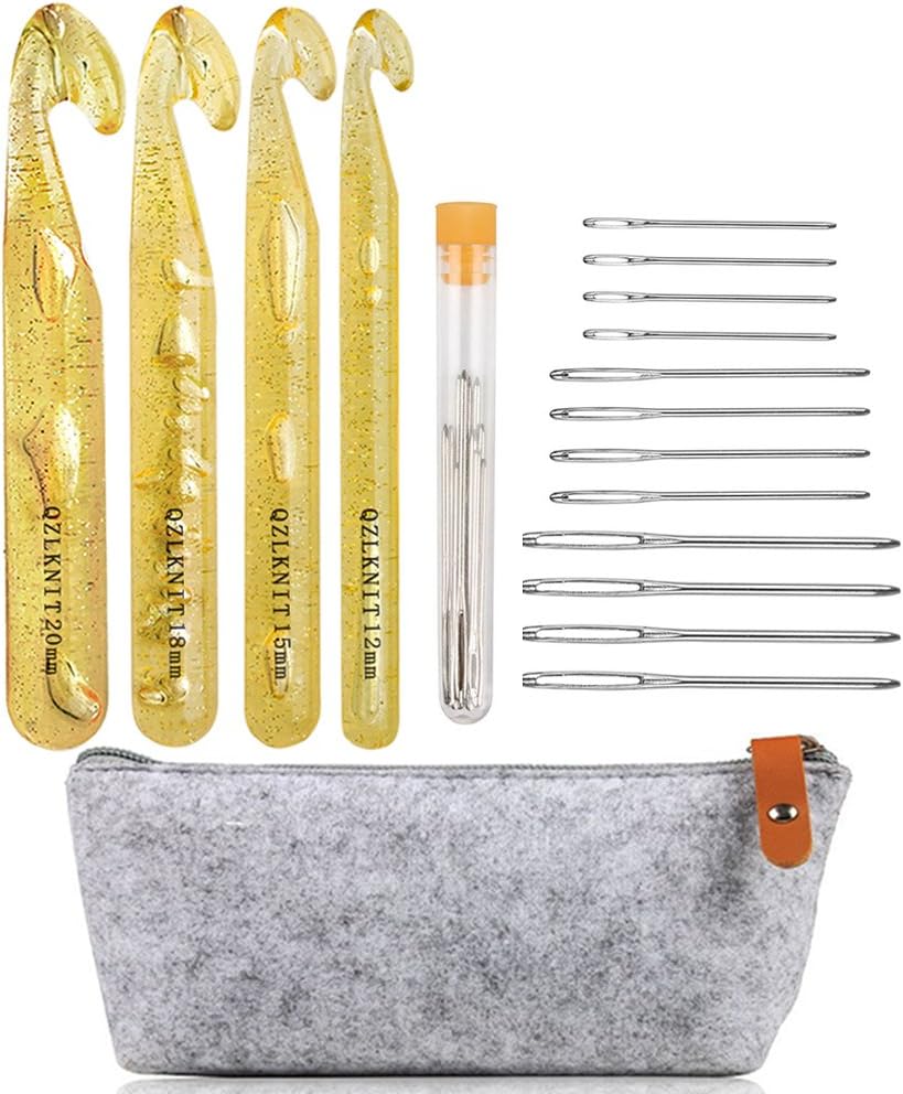 BnbPro Huge Crochet Hook Set with Hooks Size P/Q/R/S 12mm/15mm/18mm/20mm and Yarn Large-eye Needles for Rugs, Rag, Scarf, Pets Clothes