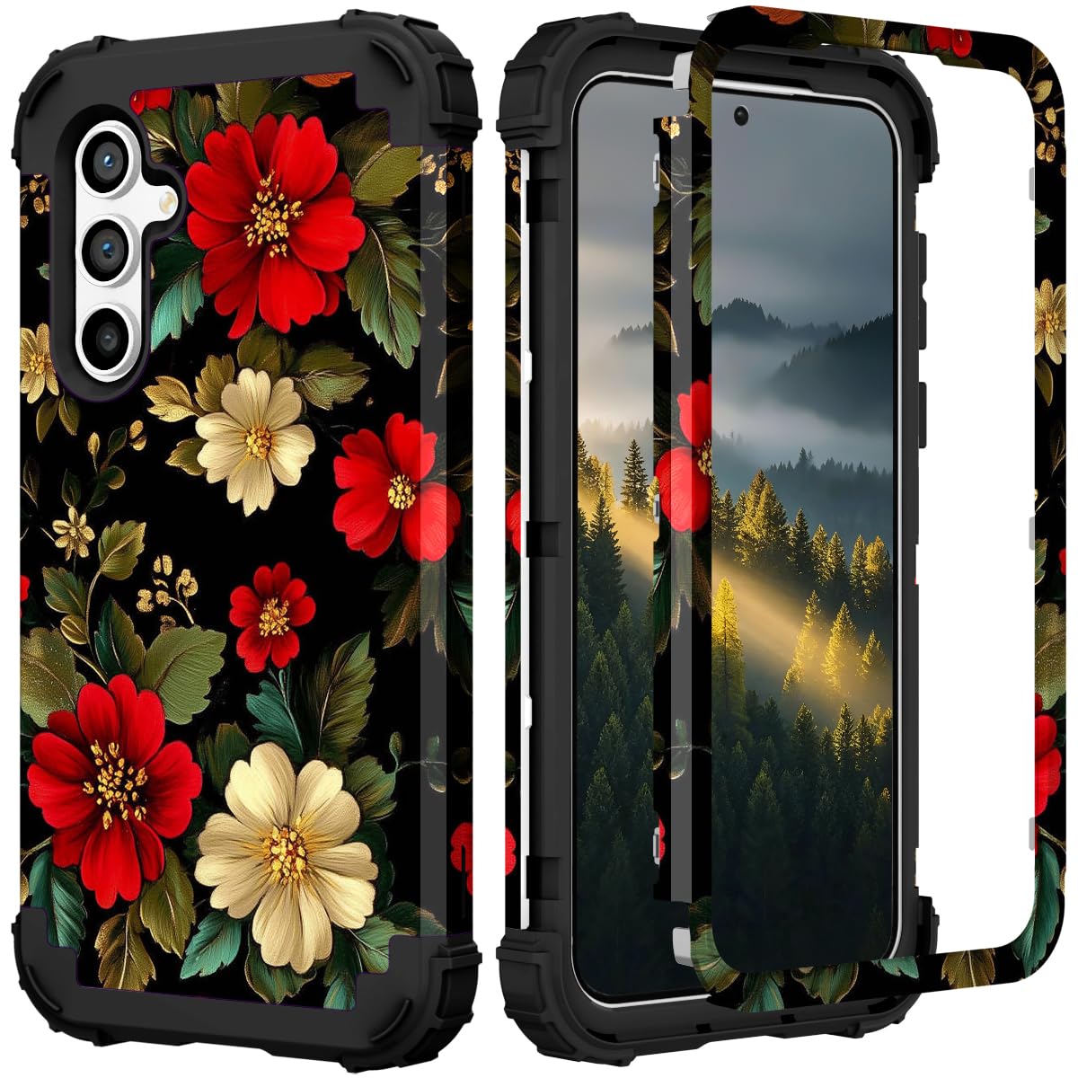 PIXIU Unique Flower Pattern Compatible with Samsung Galaxy S24 FE 5G case,Heavy Duty Dual Layer Shockproof Full-Body Protective Sturdy Hybrid Cute Rugged Case for Women,Girls,Kids-Red Peonies