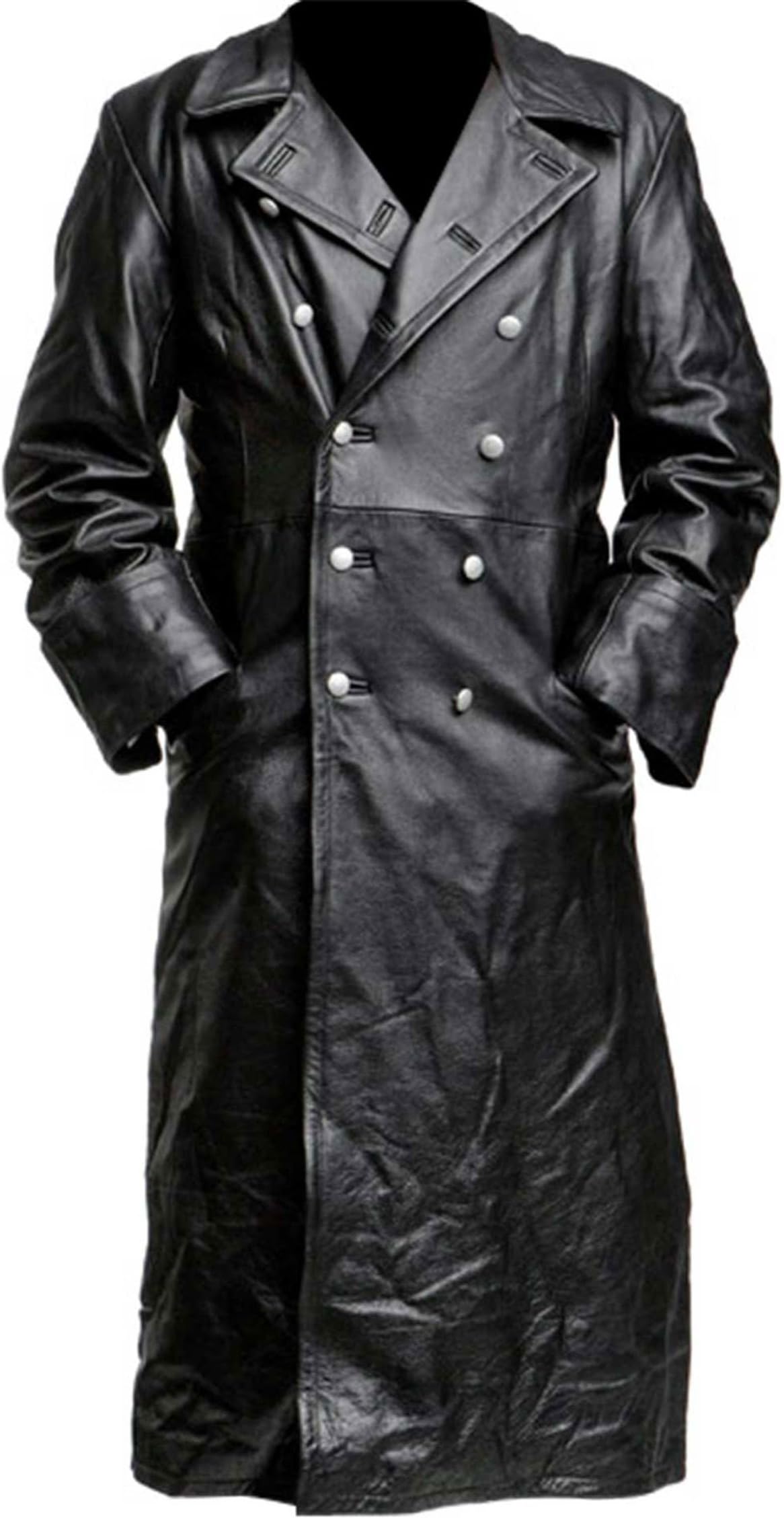 German Style Classic Military Officer Black Leather Trench Coat