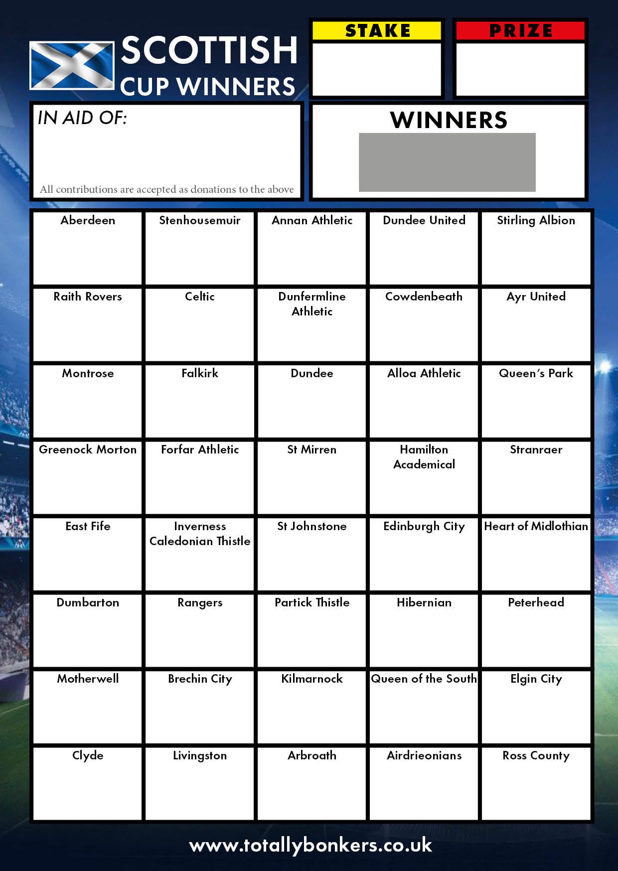 Totally Bonkers - Football Scottish Fundraising Scratch Cards - 40 SQUARE - A6 (148x105mm) -10 Pack - TB0003 - Blind Card