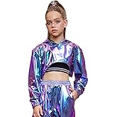 Perfashion Girls Long Sleeve Metallic Crop Tops Hip Hop Dance Hoodie Cropped Sweatshirt 4-13Y