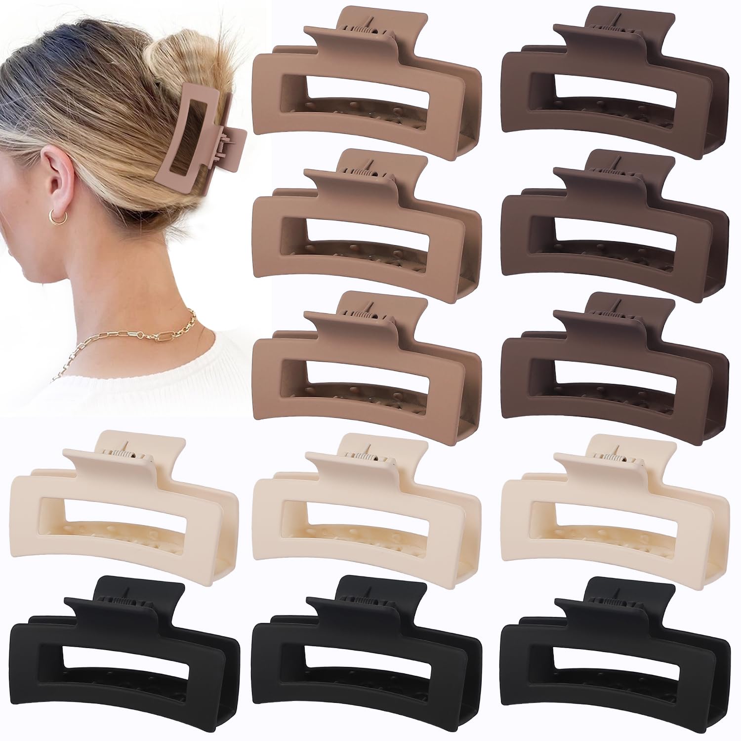 Photo 1 of 12 Pcs Medium Hair Clips for Women, 3.5 Inch Square Claw Clips, Colorful Hair Claw Clips for Thick and Thin Hair, Bulk Hair Accessories for Women and Girls- Brown