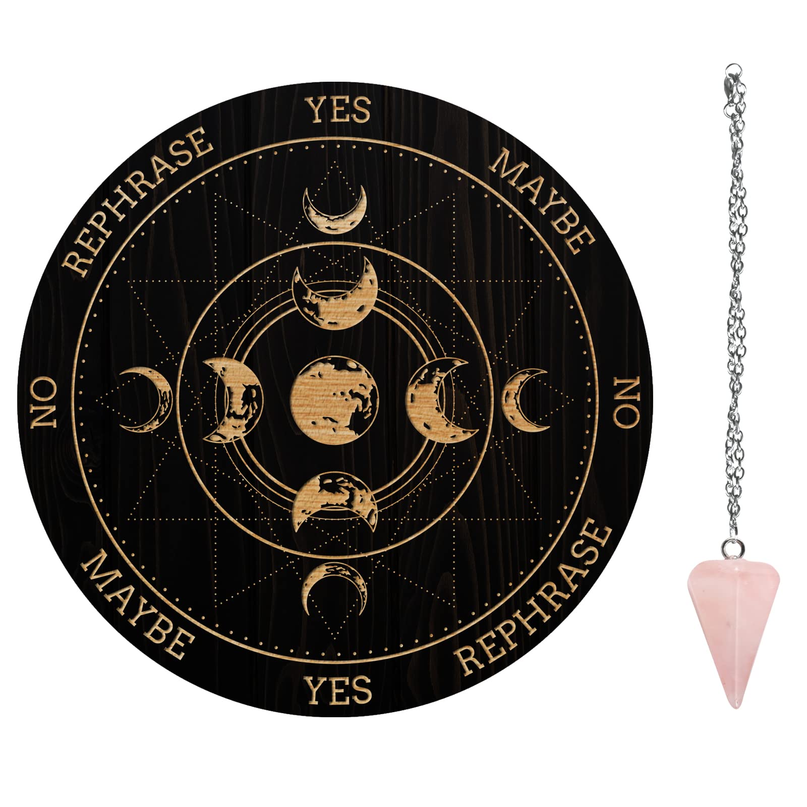AHANDMAKER Moon Phase Track Pendulum Board, 7.8" Dowsing Divination Metaphysical Message Boards Wooden Carven Board with Crystal Pendulum Necklace Divination for Witchcraft Wiccan Altar Supplies Kit
