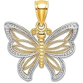 JewelryWeb 10k Gold Butterfly With White Beaded Angel Wings Charm Pendant Necklace for Women