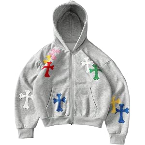 SHENHE Men's Y2k Cross Patched Zip Up Hoodie Streetwear Sweatshirt Hoodie | Cross Embroidery,Long Sleeve,Hipster,Loose Fit,Zi