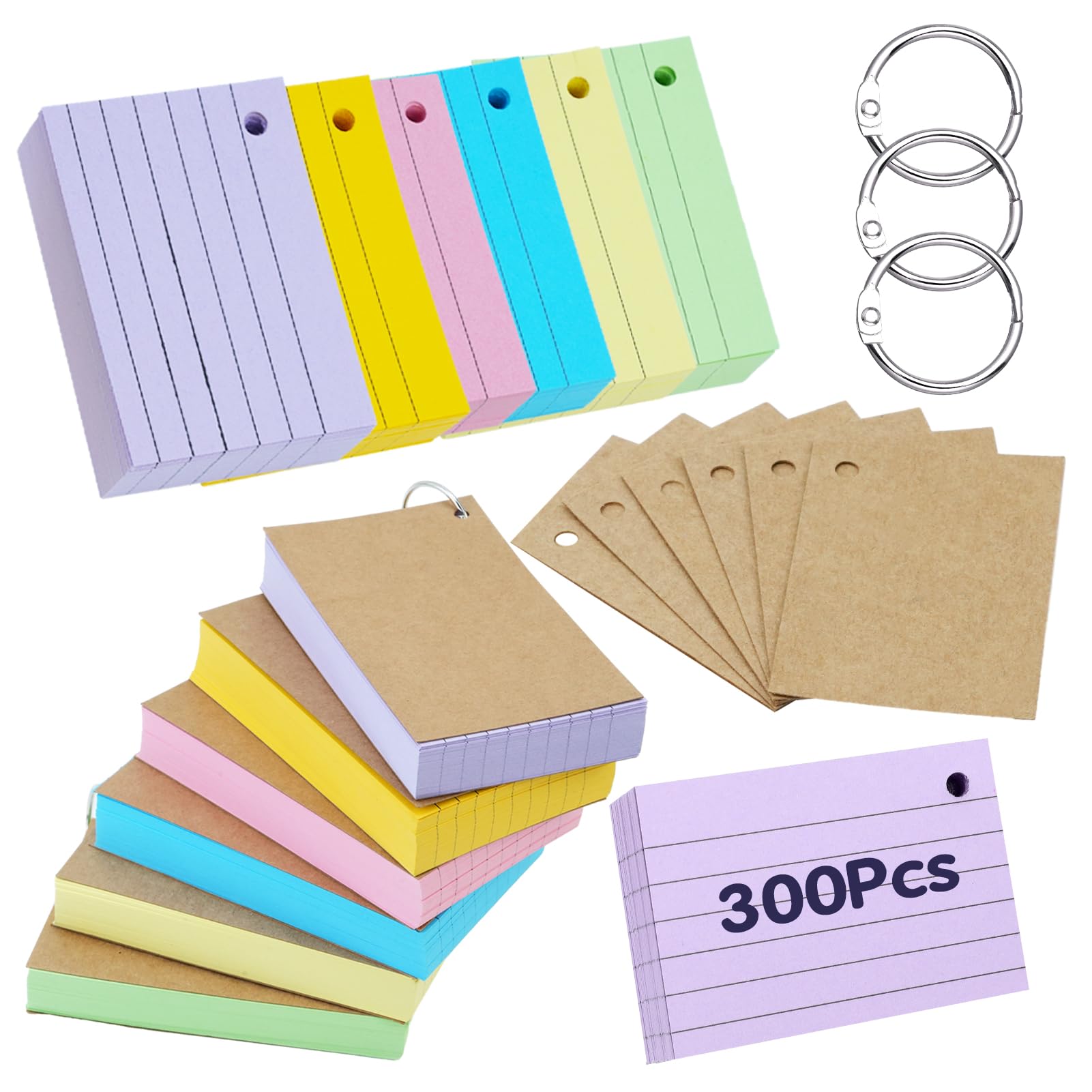 moinkerin Flash Cards 300 Pieces 4.1 * 3inch Inch Multicolor Index Cards Record Cards with 4 Binder Rings 6 Kraft Paper Flashcards for Office Home School Learning