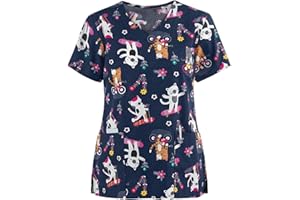 ODEUIAOD Womens Scrub Tops Fashion Printed Work Uniform T-Shirt V Neck Short Sleeve Nurse Tops Tunic Blouse with Pocket
