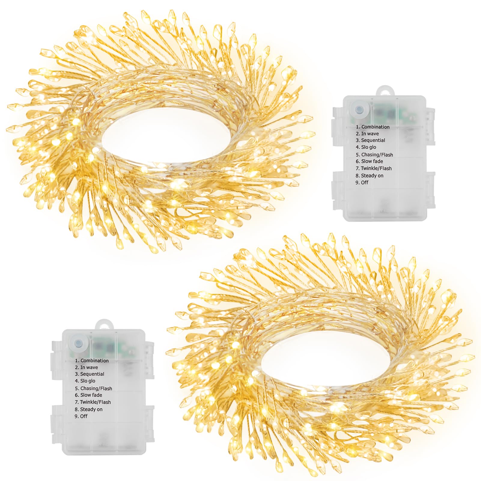 Photo 1 of 2 Pack Cluster Fairy Lights Battery Operated, Total 20Ft 400 LED Christmas String Lights with Timer 8 Modes Silver Wire Firecracker Fairy Lights for Garlands Tree Wedding Decoration (Warm White)