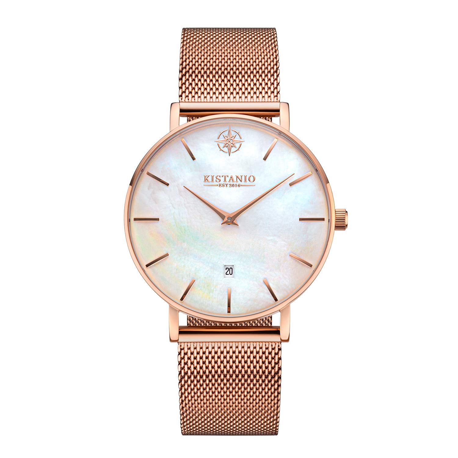 Kistanio Moyen Flat Women's Watch with Stainless Steel Milanese Strap Sapphire Glass 38 mm Diameter Stainless Steel Date Various Variations, Rose gold / mother of pearl, Bracelet