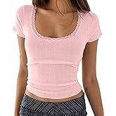 Cioatin Women Y2K Lace Bow Patchwork Pointelle Crop Tshirt Short Sleeve Scoop Neck Fitted Girls Coquette Tee Tops Summer