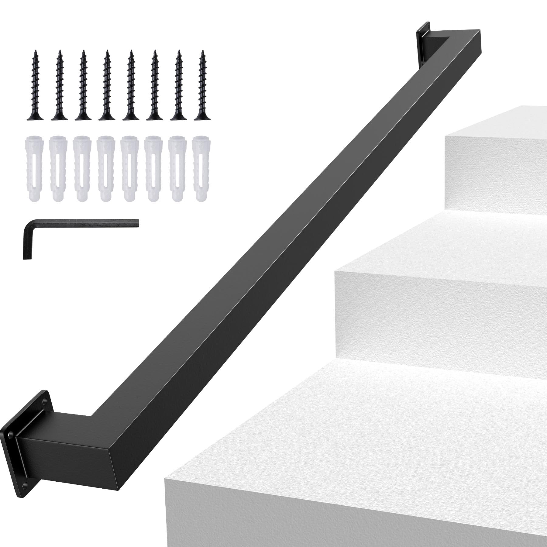 3FT/90CM Square Tube Handrail,Wall Mount Staircase Handrail Modern Pipe Stair Industrial Stair Rail for Indoor Outdoor Steps,440lbs Load,Carbon Steel Non-Slip Grab Handle for Loft Porch 1 Section