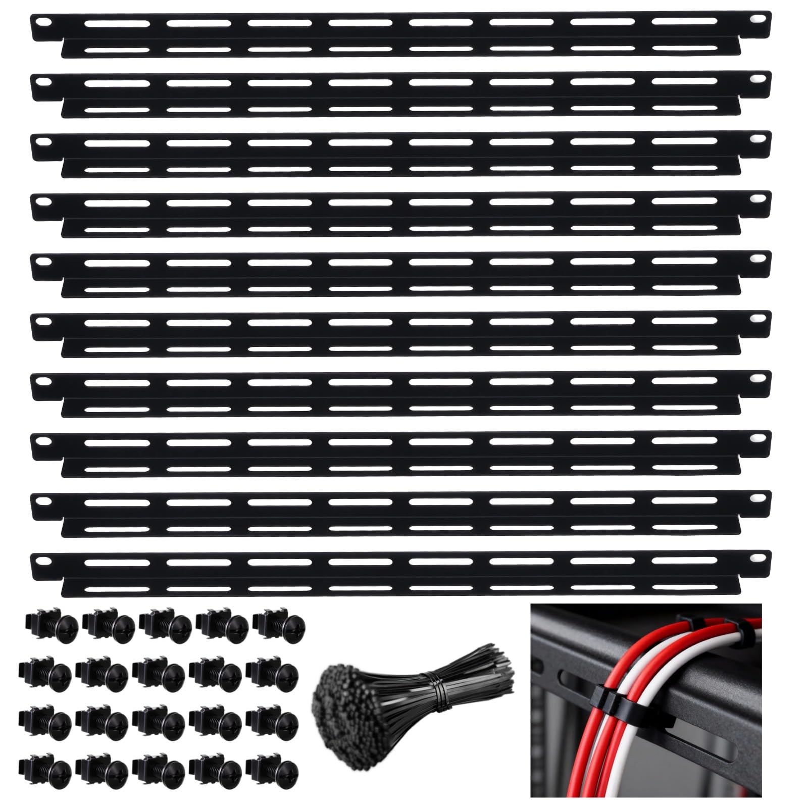 Photo 1 of 10 Pcs 19 in Rack Cable Management Kit, Including 0.5U L-Shaped Tie Bars, 20 Cabinet Screws, 100 Cable Ties, Sturdy Metal with Black Coating, Multi-Hole Design for Flexible Cabling