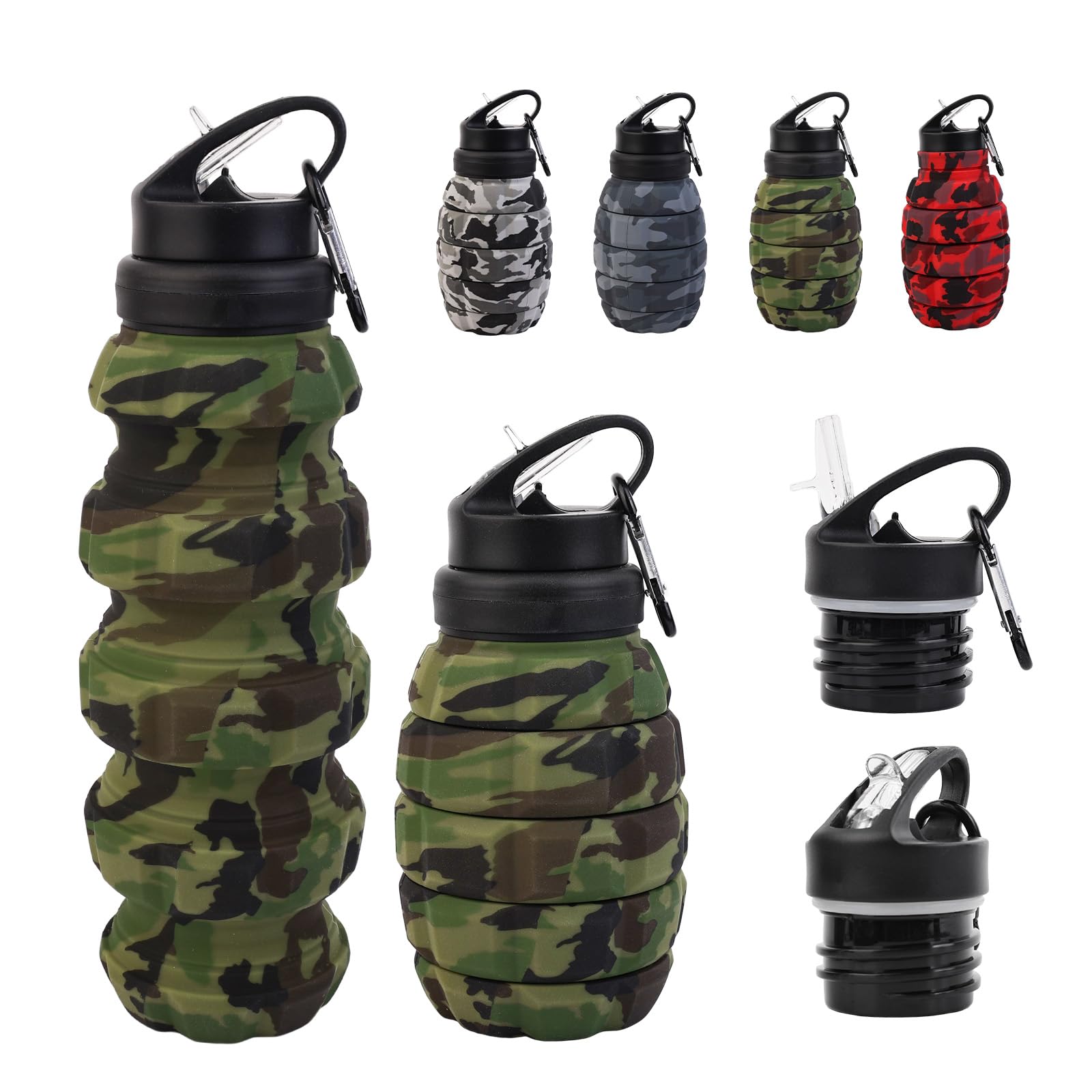 KUNHANG Collapsible Travel Water cycling Bottle, Reuseable Silicone Foldable Water Bottles for Gym Camping Hiking, Portable Leak Proof Sports Water Army camouflage Bottle with grenade Carabiner
