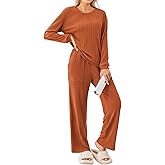 Ekouaer Lounge Sets for Women Ribbed Knit Pajama Sets 2 Piece Long Sleeve Pjs Soft Loungewear Outfits with Pockets