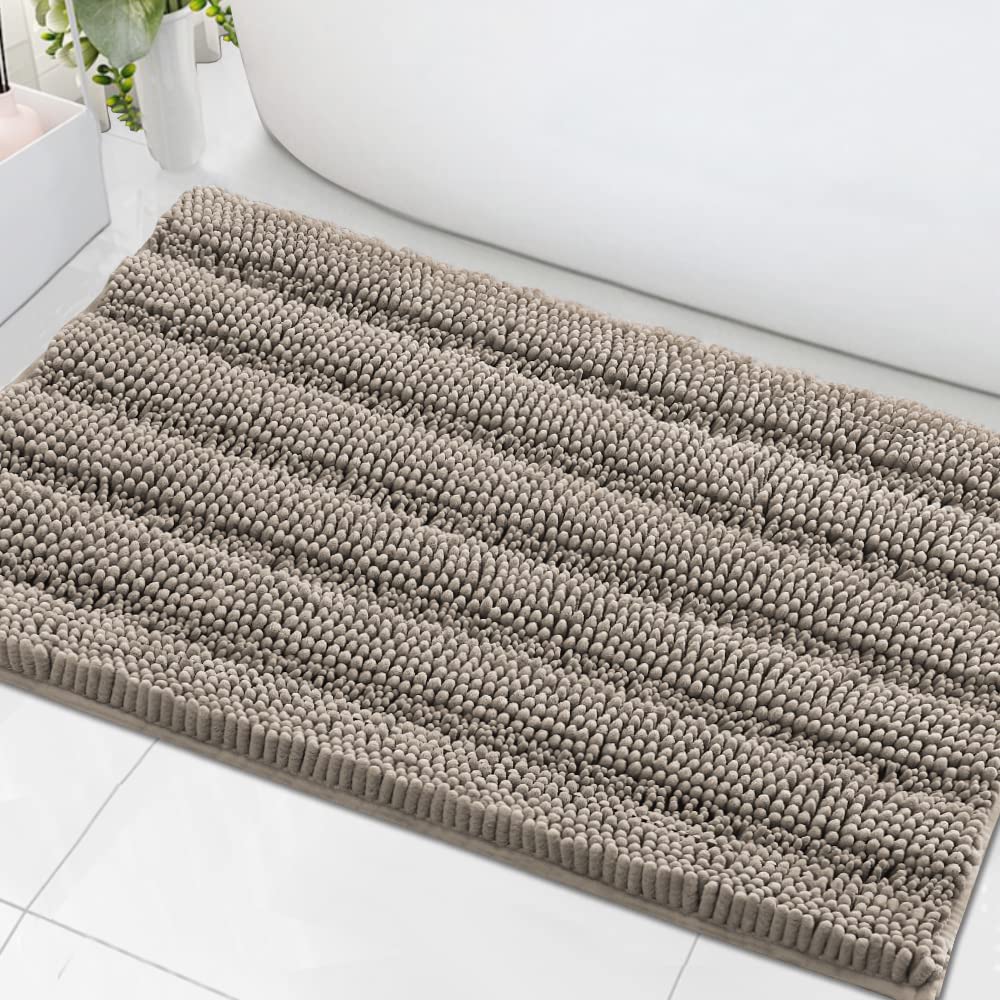 Photo 1 of H.VERSAILTEX Bath Mats for Bathroom Non Slip Extra Thick Chenille Striped Bath Rug 24" x 36" Absorbent Non Skid Fluffy Soft Shaggy Rugs Washable Dry Fast Plush Mats for Indoor, Bath Room, Tub - Taupe