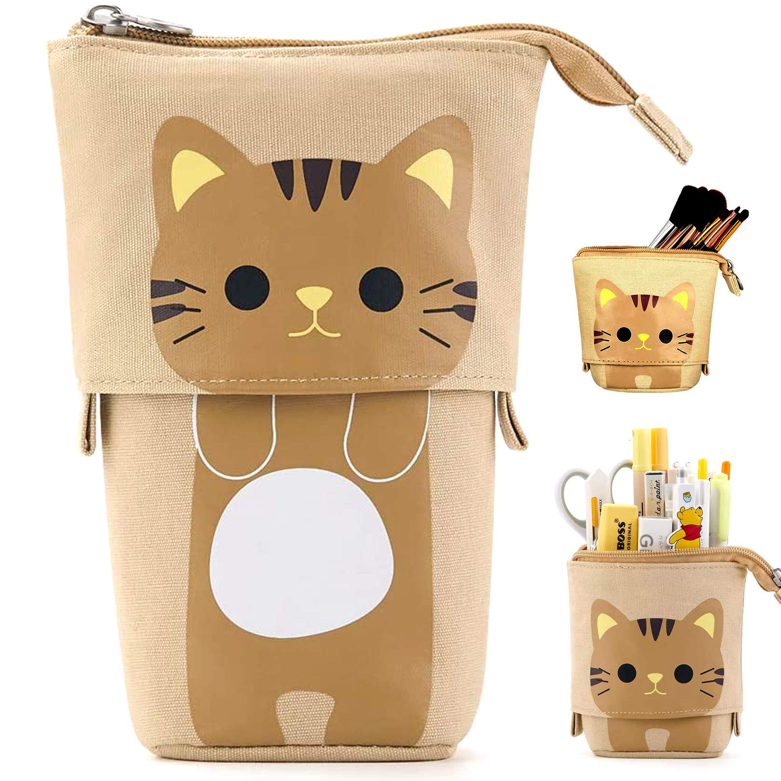 Writing paper case stand pencil holder canvas pencil case cartoon cute cat pencil case cosmetic bag organiser for students, teenagers, girls, adult, school, office (khaki)