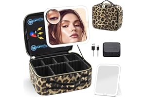 SUUPVAOR Travel Makeup Bag Cosmetic Organizer Bag with Large Magnetic Removable Lighted Mirror, Makeup Case with Mirror and Lights 3-Color Modes Adjustable Brightness 360° Angle, Makeup Travel Train Case Gift