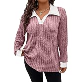 Koscacy Women Plus Size Casual Knit Sweater Lapel V Neck Solid Color Tops Lightweight Long Sleeve Blouses