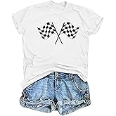 FCGHSII Racing Shirts for Women: Race Day Tees Checkered Flag Graphic T-Shirts Racecar Lover Short Sleeve Blouse Tops