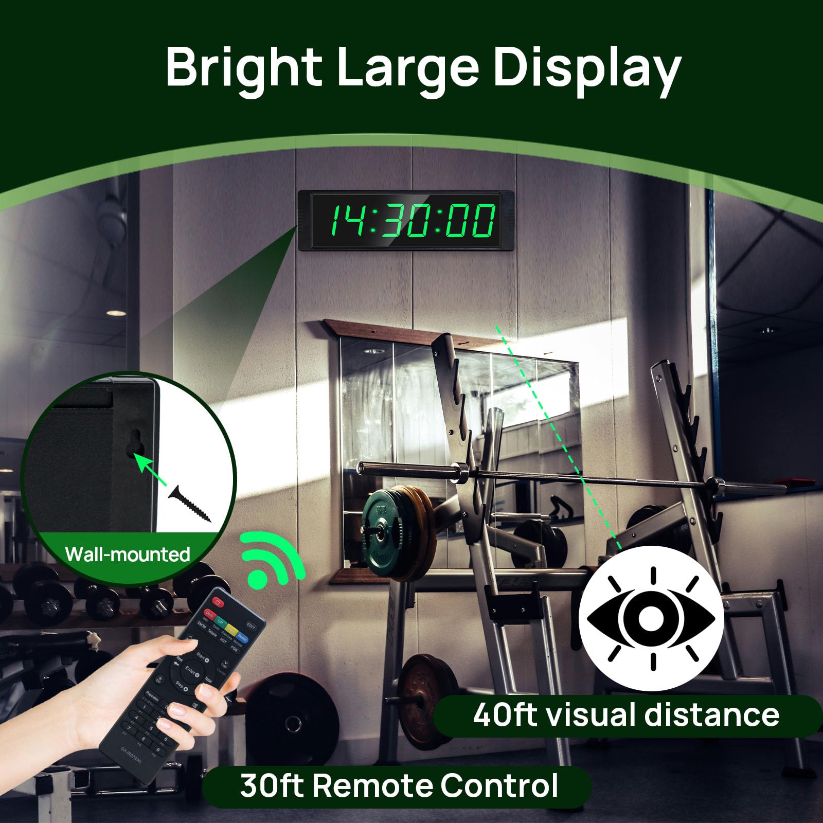 YZ Gym Clock for Home Gym with Start/Stop Button, Interval Timer for Workout, Stopwatch/Countdown Timer with Remote, 12/24H Digital Wall Clock, Portable Home Gym Accessories