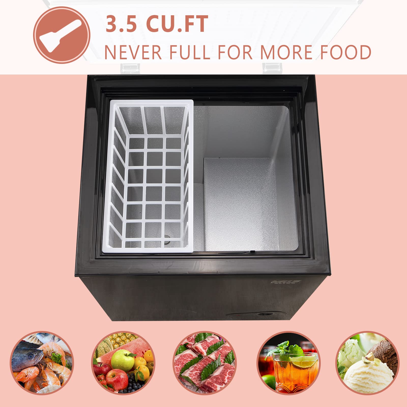 3.5 Cu.Ft Compact Chest Freezer with Removable Basket, Top Door Open Freestanding Deep Freezer with 7 Gears Temperature Adjustment, Ideal for Home, Kitchen & Office, Black (72Q)