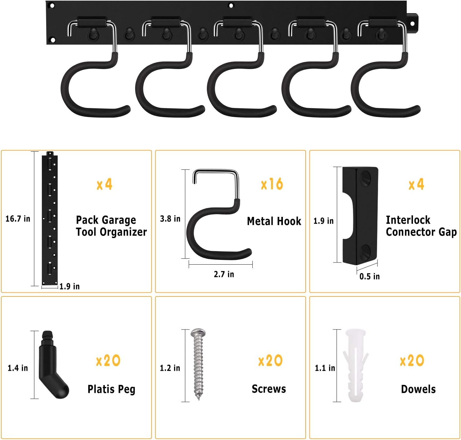 64 Inch Garage Hooks Tool Organizer Wall Mounted, Adjustable Storage System Wall Organizer for Garden Tools, Heavy Duty Tool Hanger for Rake, Mop, Broom and Yard Tools - - 