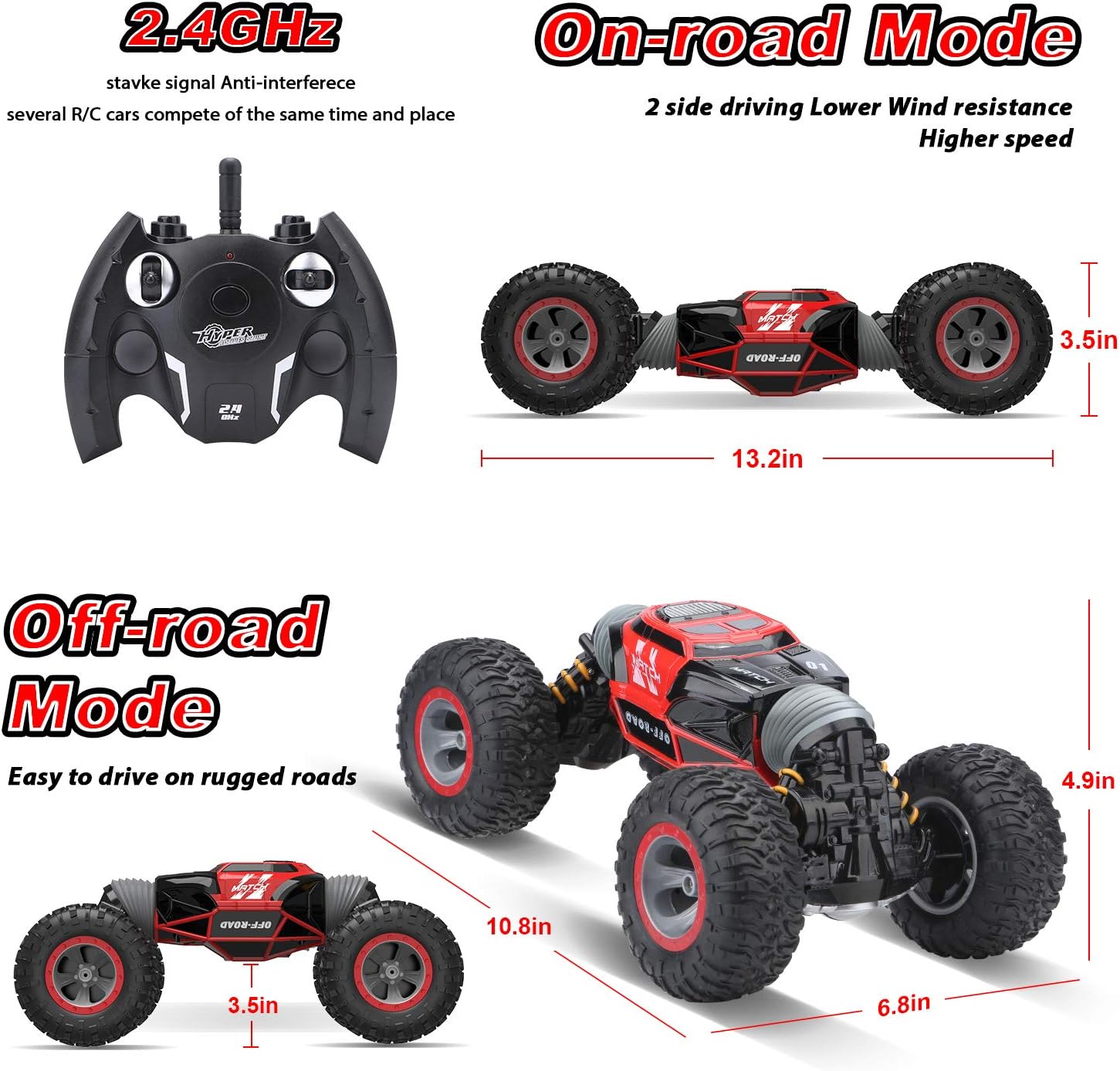 BEZGAR 15 Toy Grade1:14 Scale Remote Control Crawler, 4WD Transform 15 Km/h All Terrains Electric Toy Stunt Cars RC Monster Vehicle Truck Car with Rechargeable Batteries for Boys Kids Teens and Adults: Toys & Games