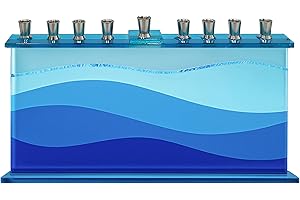 The Dreidel Company Blue Wave Design Glass Candle Hanukkah Menorah, Handcrafted Design, 11 Inch