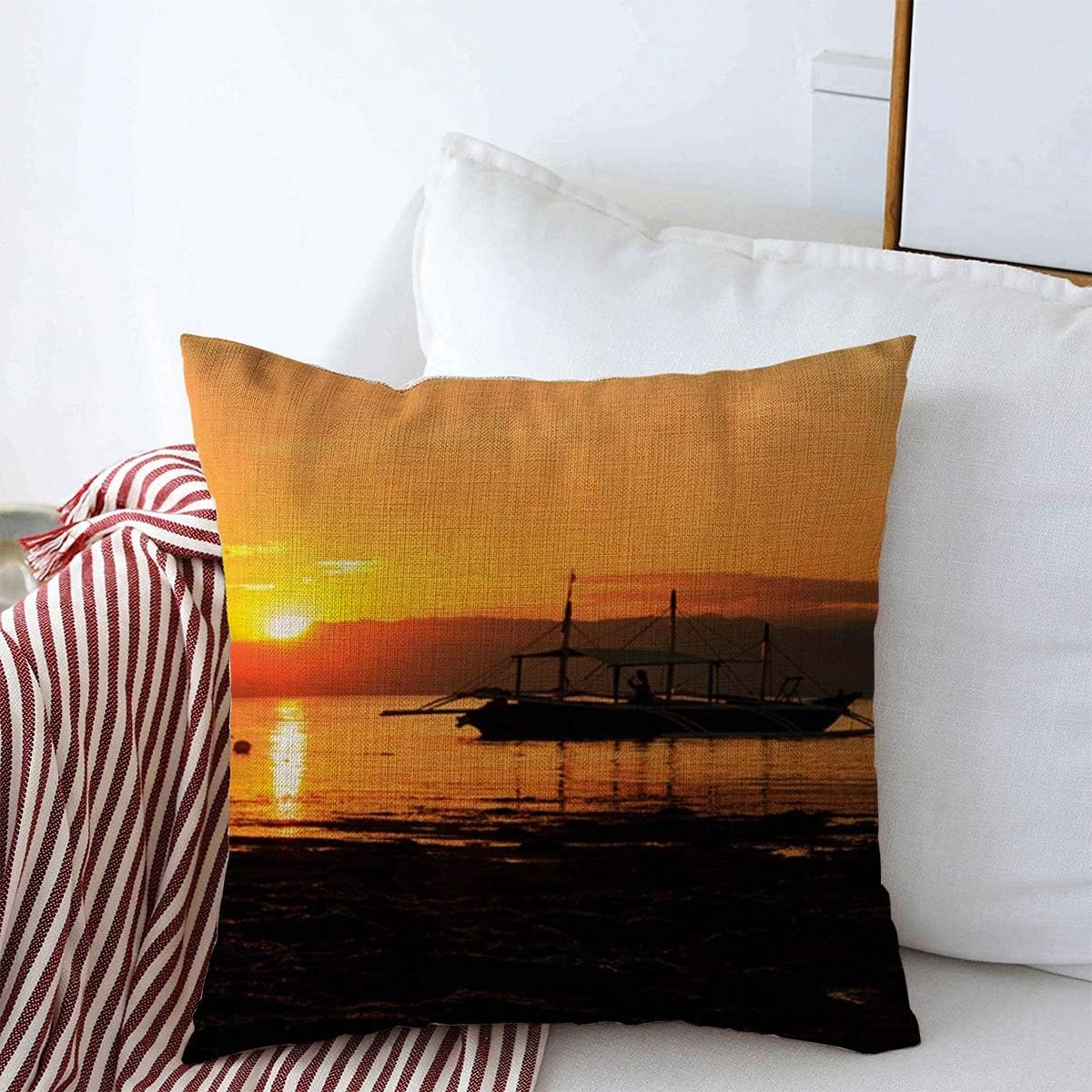 Throw Pillows Covers Cushion Case Surface Orange Banca Large Whale Shark Remora Near Nature Asia Yellow Bangca Beach Boat Design Cotton Linen for Fall Couch Home Decor 16 x 16 Inches