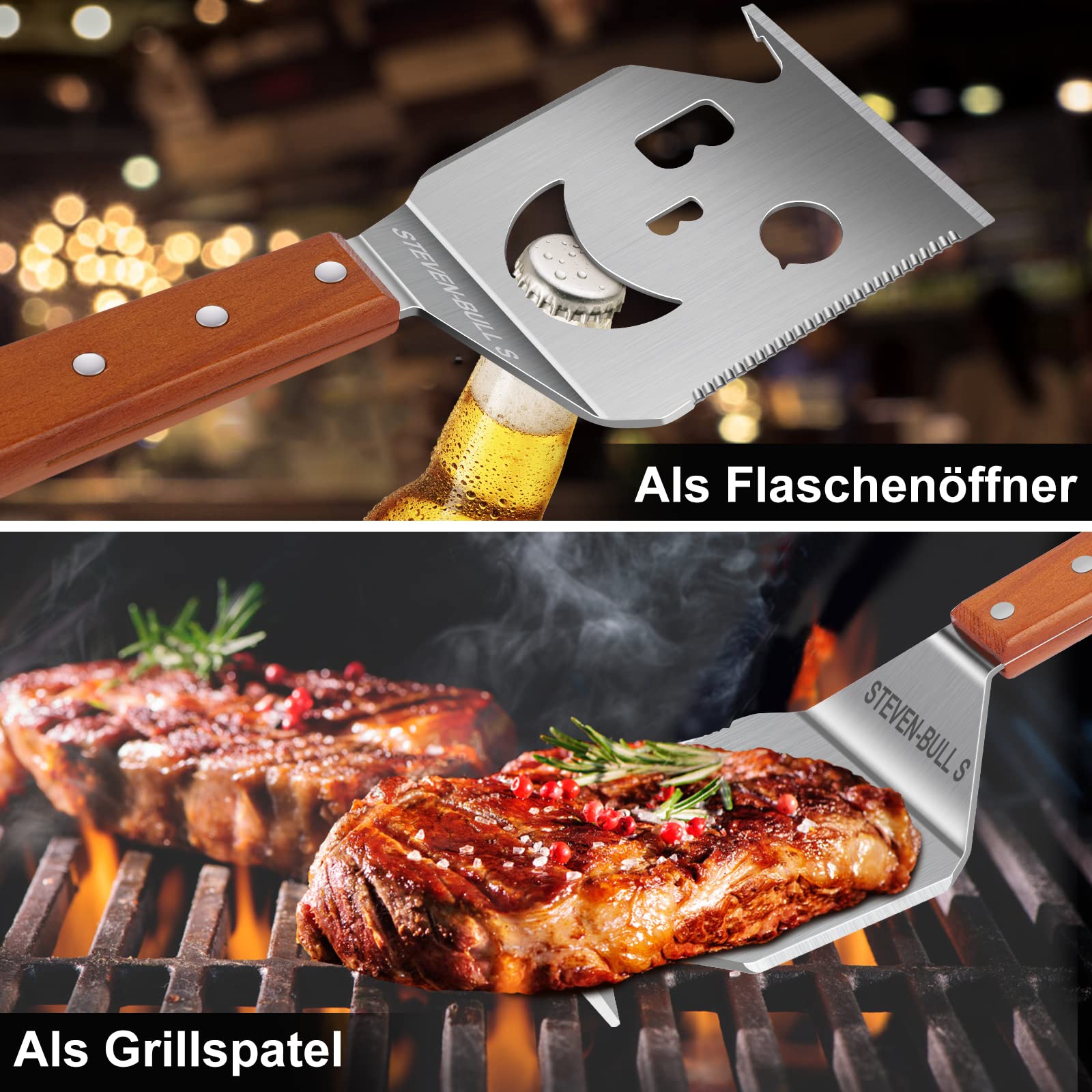 7 in 1 grillspachtel für Barbecue Grill, Multifunktion Grillbesteck mit Holzgriff, Eingebaute grillbesteck-set-Funktion,Kreativer Grillwender, Einzigartige Grillwerkzeuge, Grillen Geschenke für Männer 3