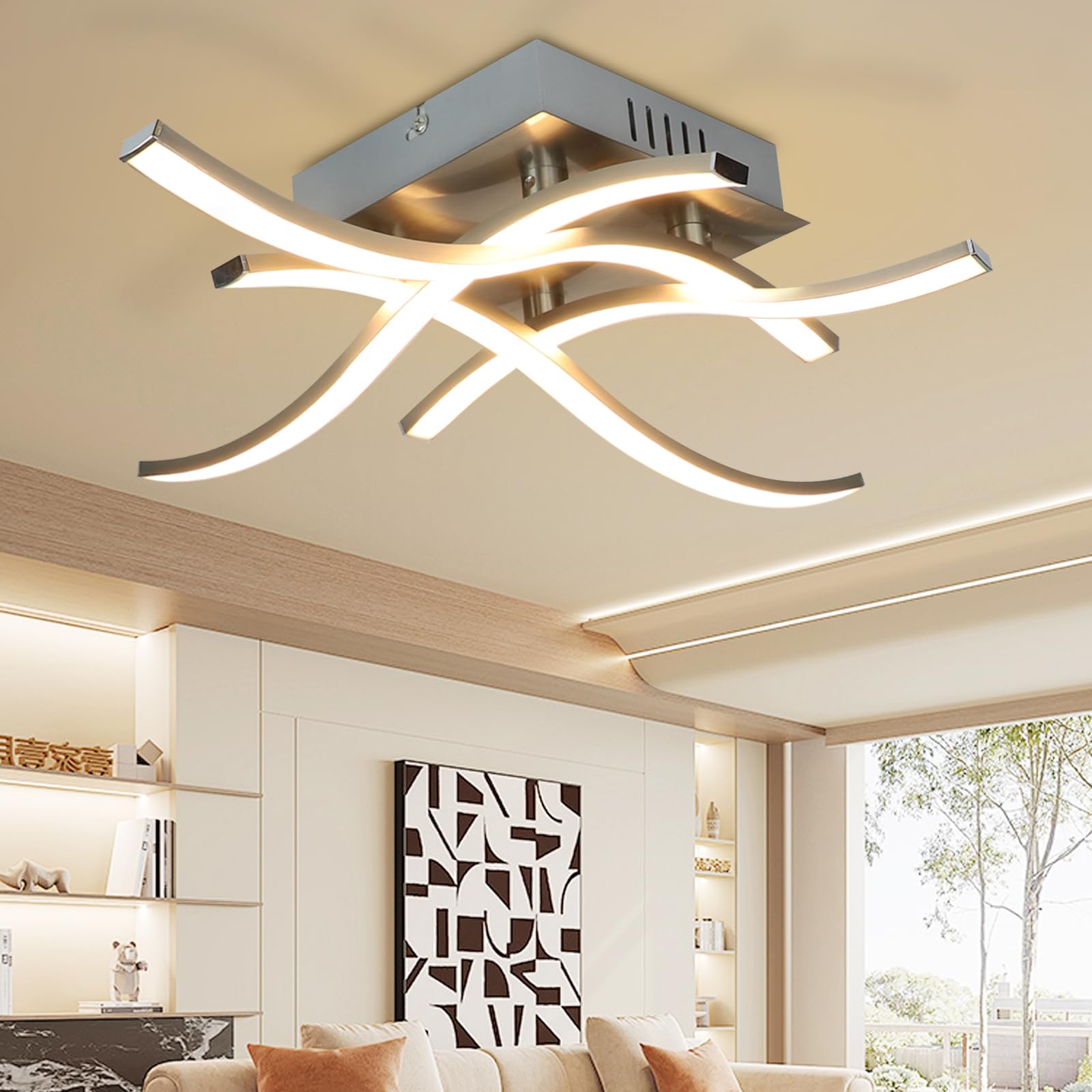 PADMA Led Ceiling Lights Elegant Curved Design, Modern 18W LED Ceiling Light, Brushed Nickel Ceiling Lighting with 4X4.5W 1400lm LED Boards, 3000K Warm White, Ceiling Fixture for Living Room Bedroom