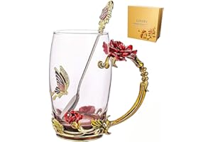 Glass Mug Set Handmade Enamel Butterfly and Red Rose Flower Tea Cups with Handle, Unique Personalized Birthday Present Ideas 