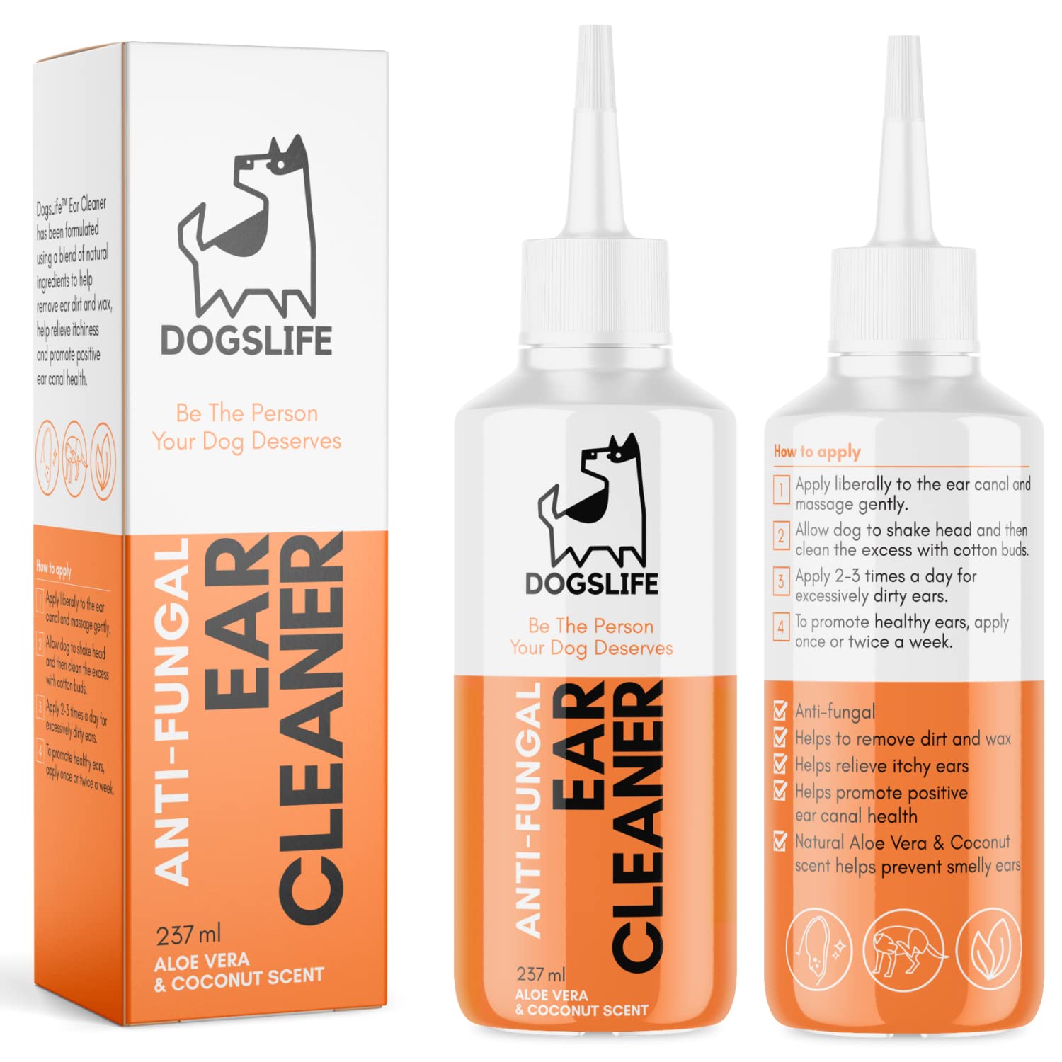 Dog Ear Cleaner | Natural Ear Cleaner For All Dogs | Ear Wash To Stop Itchy, Smelly Ears & Remove Wax | Organic Coconut Oil & Aloe Vera Formula | Ear Cleaning Solution For Dogs
