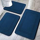 YIHOUSE Memory Foam Bath Mat Set, Non Slip Bath Mats, Super Soft and Water Absorbent, Machine Washable U Shape Toilet Mats, Dark Blue