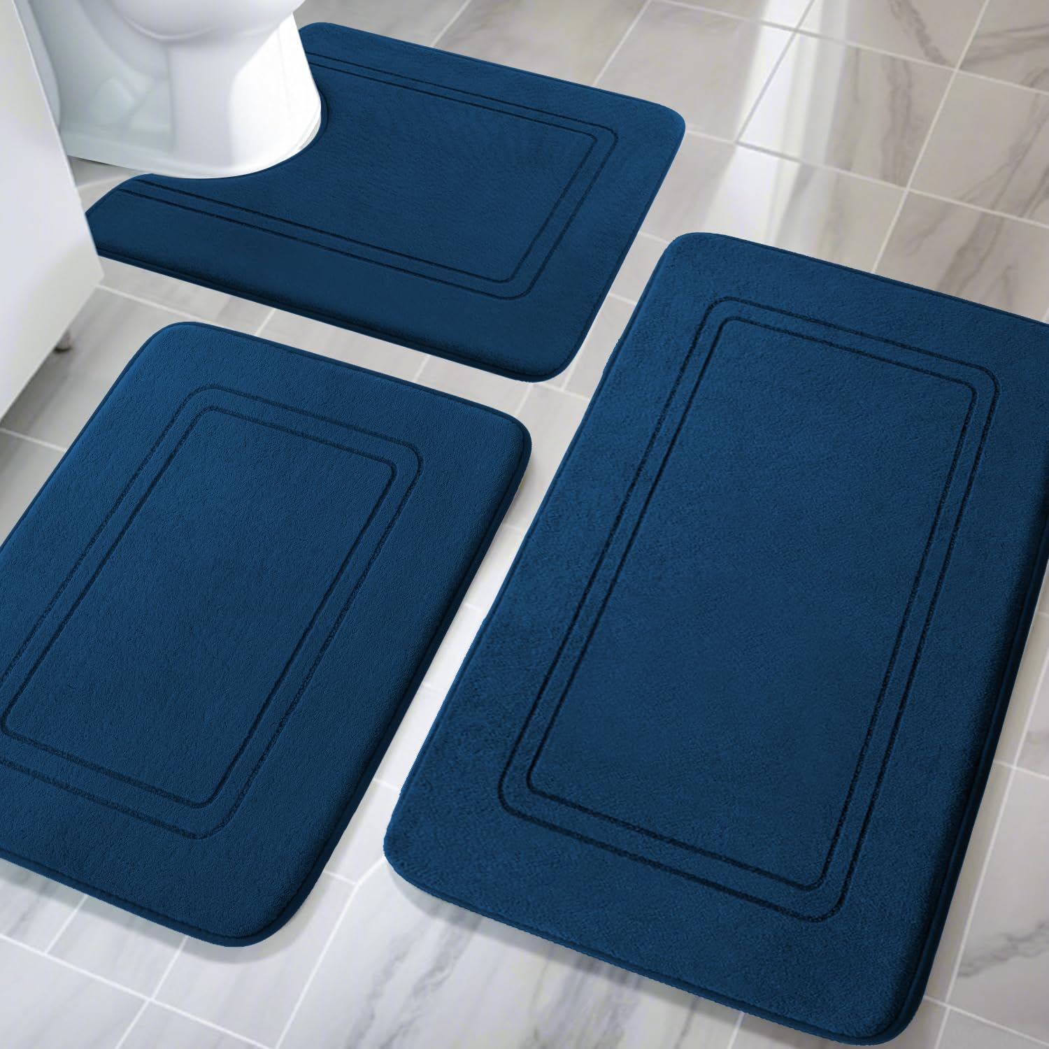 chakme Bathroom Rug Set, 3 Pieces, Soft Memory Foam Bath Mat and U-Shaped Toilet Mat, Bath Mat, Non-Slip Washable Bath Mat Set, Navy Blue